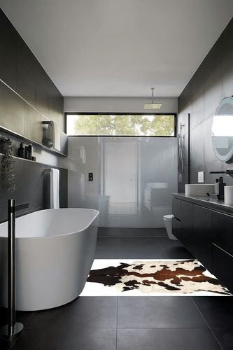 MeshNew Pure Brown Tricolor Cowhide Rug Black Brown and White Luxurious Cow Skin Tri Color (5 X 4) in Black Modern Bathroom