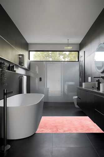 GHOUSE Light Pink 4 ft. x 6 ft. Silky Faux Fur Sheepskin Shag Fluffy Fuzzy Area Rug in Black Modern Bathroom