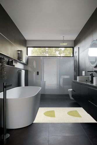 Ashaunti Minimalist Geometric Machine-Washable Cream/Yellow 3 ft. x 5 ft. Area ... in Black Modern Bathroom