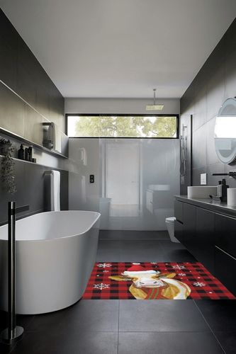 Christmas Red Black Plaid Area Rug 4' x 6', Outdoor Rugs for Patio Rug Carpet for Sofa Living Room Bedroom, Large Floor Mat and Rug for RV, Backyard, Deck, Picnic, Cattle with Xmas Hat in Black Modern Bathroom