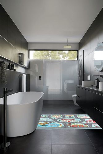 Playroom Rug Play Carpet 4’ x 6’, Blue Large Educational Children’s Play Mat, Learning & Have Fun Safely Non-Slip Washable Road Traffic Floor Area Carpet, Great for Kids Room Bedroom in Black Modern Bathroom