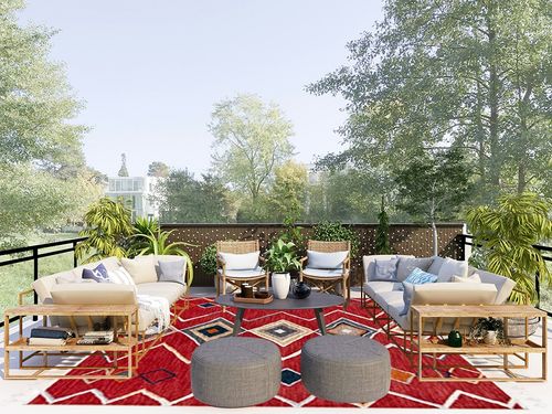 SAFAVIEH Farmhouse Collection 8' x 10' Red/Gold FMH599Q Moroccan Boho Tassel Area Rug in Scandinavian Modern Patio