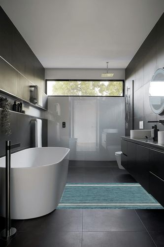 Unique Loom Outdoor Border Collection Area Rug - Soft Border (4' 1" x 6' 1" Rectangle, Teal/ Ivory) in Black Modern Bathroom