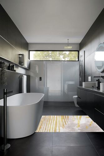 FINOREN Minimalist Area Rug,Art Line Soft Non-Slip Rug for Bedroom Living Room Hallway Dining Room Home Entrance,Washable Low Pile Floor Decor,Child Pet Friendly,Gray-Gold,4x6 Feet in Black Modern Bathroom