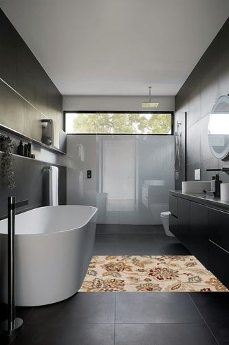 SUPERIOR Indoor Area Rug Perfect for Hallways, Entryway, Office, Living Room, Hardwood, Tile, Jute Backed, Modern Farmhouse Floral Decor, Jacobean Collection - 4ft x 6ft, Stone in Black Modern Bathroom