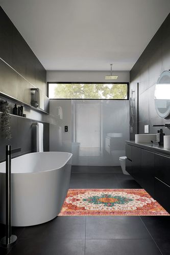 Moynesa Ultra-Thin Washable Area Rug - 4x6 Pink Rugs for Bedroom Girls Vintage Rug for Living Room, Non Slip Non Shedding Low Pile Indoor Throw Carpet for Nursery Office Entryway Kitchen Foyer in Black Modern Bathroom