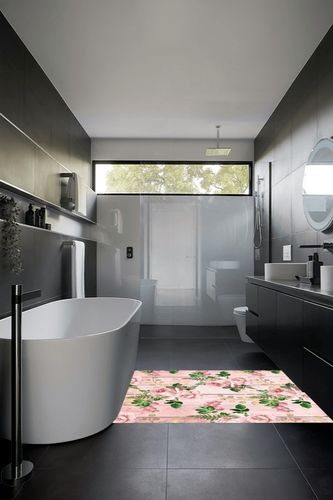 Modern Floral Realistic Indoor Outdoor Area Rug 4x6 Pink Green Flowers Rug for Balcony Deck Patio Backyard Non Slip Waterproof Stain Shedding Resistant Carpet Throw Mat in Black Modern Bathroom