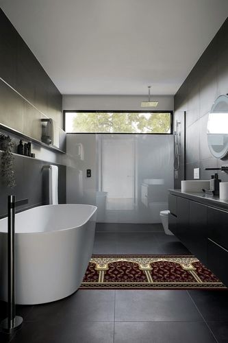 Modefa Turkish Islamic Prayer Rug - Multi Person Janamaz Sajada for Family or Mosque - Large Gathering & Group Praying Carpet - Wide Plush Velvet Praying Mat (Long 4 Person Red/Green) in Black Modern Bathroom