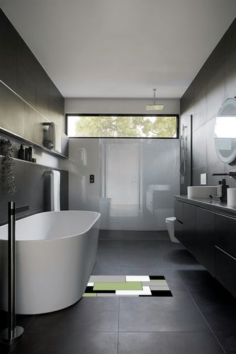 Green Black Geometric Area Rugs in Black Modern Bathroom