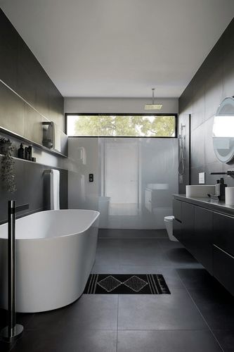 MitoVilla Black Boho Rug in Black Modern Bathroom