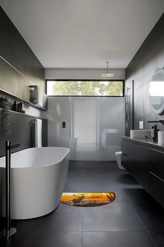 FengQuGou Christmas Deer Half Round Doormat Forest Sunset Washable Semi Circle Area Rug Non Slip Absorbent Half Moon Rug for Indoor Outdoor Bathroom Kitchen Living Room Fireplace Floor Mat in Black Modern Bathroom