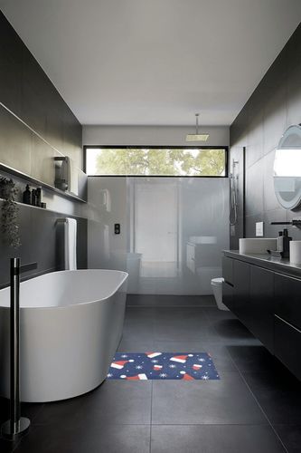 ALAZA Christmas Red Santa Hats Snowflake Blue Kitchen Floor Mat 39x20 Inch,Non-Slip Soft Washable Floor Mat Rug for Hallway Entryway Living Room Bedroom Dorm Office Home Decor in Black Modern Bathroom