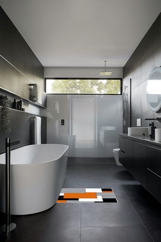 Abstract Color Block Orange Black Gray Area Rug, Orange Black Geometric Pattern Indoor Washable Carpet, Large Non-Slip Machine Decorative Rug for Living Room Dining Room Farmhouse-2' x 3' in Black Modern Bathroom