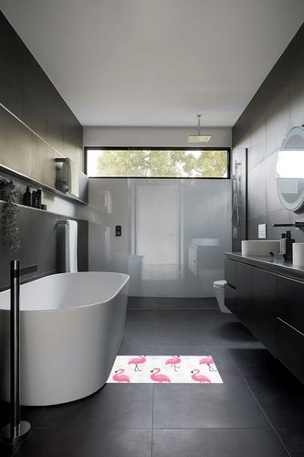 Pink Flamingo Bathroom Rugs Fluffy Absorbent Bath Mat Machine Washable Soft Microfiber Shaggy Kitchen Mat Non Slip Carpet Runner for Kitchen Bathroom Bathtub Accessories Decor in Black Modern Bathroom