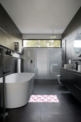 Flamingo Pink Bathroom Rugs Fluffy Absorbent Bath Mat Machine Washable Soft Microfiber Shaggy Kitchen Mat Non Slip Carpet Runner for Kitchen Bathroom Bathtub Accessories Decor in Black Modern Bathroom
