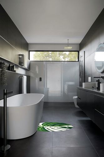 FrecklePot Albo Monstera Non Slip Bath Mat or Kitchen Tufted Rug | Plant Leaf Shaped Kids Pets Floor Mat Carpet, Green, 30" x 28" in Black Modern Bathroom