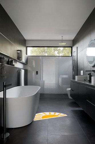 Bathroom Rugs Mat Half Circle - Cute Sun Fun White Yellow Boho Bath Mats Non Slip, Soft Absorbent Microfiber Bohemian Rug, Semi Round Machine Washable Rubber Rugs for Floor Bedroom Toilet Door Bathmat in Black Modern Bathroom