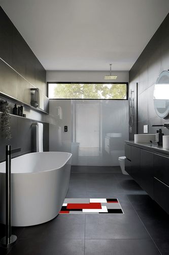 Red Black Geometric Area Rugs Indoor Non-Slip Rectangle Rug 2x3 ft, Abstract Color Block Red Black Gray Rug Rubber Backing Floor Mats Contemporary Home Decor Carpet for Entryway Living Room in Black Modern Bathroom