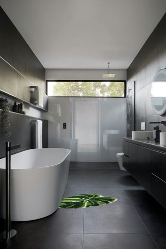 Amorstra Cute Bath Mat, Cool Green Monstera Leaf Rugs, Soft Tufted Plant Bathroom Rugs Non Slip & Machine Washable - 24"x32" in Black Modern Bathroom