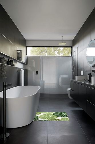 Panstar Green Leaves Bath Mat, Non Slip Large Plant Monstera Leaf Bath Rug Absorbent Bathtub Rug Bathroom Plush Shower Rugs (20"X30") in Black Modern Bathroom