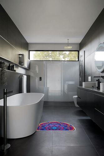 Boho Half Round Indoor Entrance Rug Doormats 36x24 Inches Absorbent Non-Slip Bedroom Front Back Outdoor Welcome for Entryway Machine Washable, Bohemian Red Blue Flower Pattern in Black Modern Bathroom