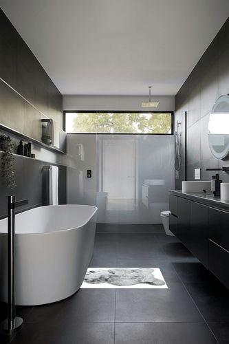 Mon Chateau Luxury Collection Luxe Faux Fur Rug 60cm x 99cm (24in x 39in), Silver Grey in Black Modern Bathroom