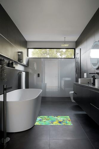 Tropics Jungle Theme Green Blue Yellow Plam Leaves Indoor Outdoor Area Rug for Patio Backyard Deck Balcony Waterproof Reversible Livingroom Bedroom Dining Office Carpet 2'x3' in Black Modern Bathroom