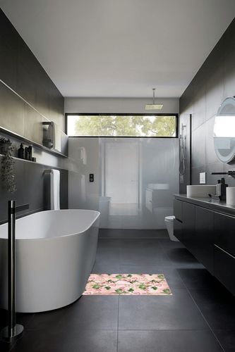 Modern Floral Realistic Indoor Outdoor Area Rug 2x3 Pink Green Flowers Rug for Balcony Deck Patio Backyard Non Slip Waterproof Stain Shedding Resistant Carpet Throw Mat in Black Modern Bathroom