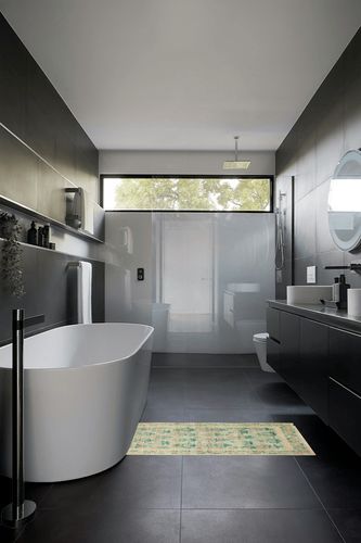 Rifle Paper Co. x Loloi Eden Collection EDE-01 Mughal Rose Moss 2'-0" x 5'-0" Accent Rug feat. CloudPile in Black Modern Bathroom