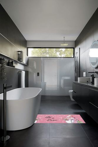 Kitchen Rugs Long Floor Door Mats Absorbent Entryway Rug Winter Christmas Snowman Bird Indoor Carpet Non-Slip Area Runner,White Snowflake on Pink Entrance Doormat for Bedroom Bathroom in Black Modern Bathroom