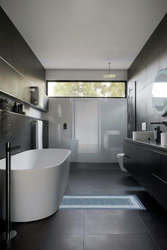 Machine Washable Bordered Design Non-Slip Rubberback 2x5 Traditional Runner Rug for Hallway, Kitchen, Bedroom, Entryway, 20" x 59", Blue in Black Modern Bathroom