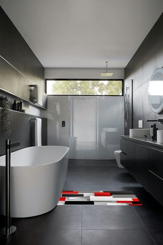 Hallway Runner Rug,Abstract 3D Geometric Pattern Square Red Black Gray Non Slip Water Absorbent Rug Indoor Entrance Floor Mat Runner for Home Garage Kitchen Laundry 18x59in in Black Modern Bathroom