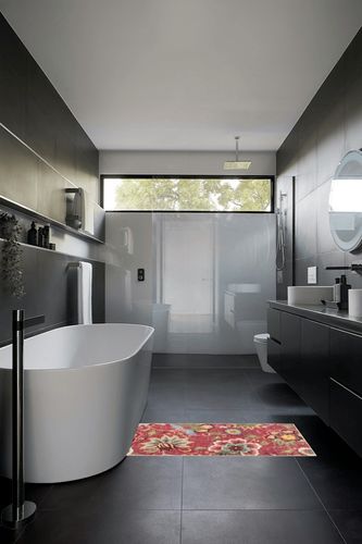 Beeiva Kitchen Runner Rug Non Slip, 2x5 Red Floral Laundry Room Rug, Modern Small Bedside Porch Rug Machine Washable Rug for Entryway Bedroom Kitchen Floor Mats for in Front of Sink in Black Modern Bathroom