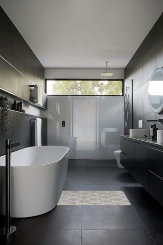 Grey Moroccan Non Slip Laundry Room, Bathroom, Kitchen, Bedroom Area Rug in Black Modern Bathroom