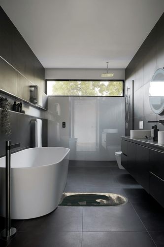 Cozy Cabin Papa Bear Accent Rug, 20"x44", Gray in Black Modern Bathroom