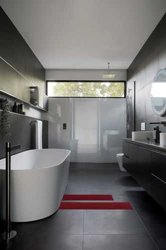 COSY HOMEER 48x20 Inch/30X20 Inch Kitchen Rug Mats Made of 100% Polypropylene 2 Pieces Soft Kitchen Mat Specialized in Anti Slippery and Machine Washable,red in Black Modern Bathroom