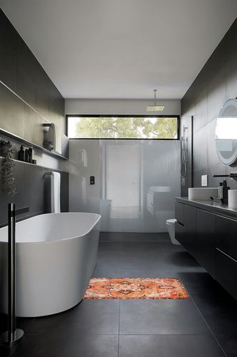 Estmy Light Orange Oriental Bathroom Runner Rugs Non-Slip Rubber Backed 18’’W x 45’’L, Boho Tribal Traditional Soft Velvet Absorbent Extra Long Bath Mat Bath Runner Machine Washable in Black Modern Bathroom