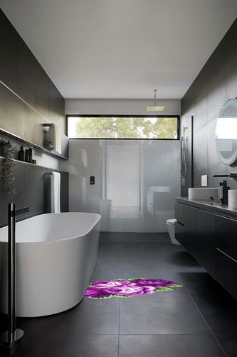 UKELER Floral Rose Bathroom Rugs Shaggy Purple Flower Area Rugs for Girls Bedroom Non Slip Absorbent Toilet Rug Bath Mat for Bathroom 43.3''x27.5'' in Black Modern Bathroom