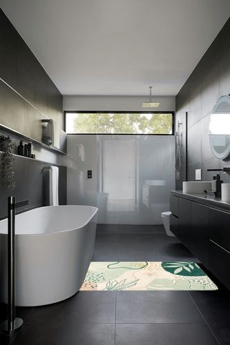 Botanical Print Small Rug Modern Abstract Non-Slip Minimalist Art Area Rug in Black Modern Bathroom