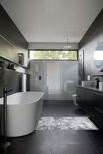 Gray/Blue Abstract & Modern Super Soft, Non-Slip, Easy to Clean, Fade Resistant Area Rug in Black Modern Bathroom
