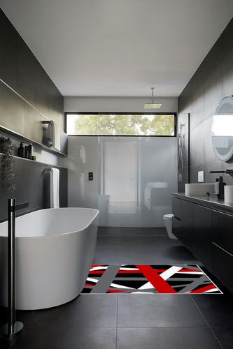 Large Area Rug, Red Black Grey Geometric Non-Slip Indoor Accent Area Carpet, Modern White Abstract Art Striped Fluffy Shaggy Runner Rug for Living Room, Bedroom, Kids Room, 2'7"x 5" in Black Modern Bathroom