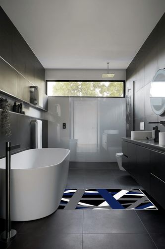 Large Area Rug, Blue Black Grey Geometric Non-Slip Indoor Accent Area Carpet, Modern White Abstract Art Striped Fluffy Shaggy Runner Rug for Living Room, Bedroom, Kids Room, 2'7"x 5" in Black Modern Bathroom