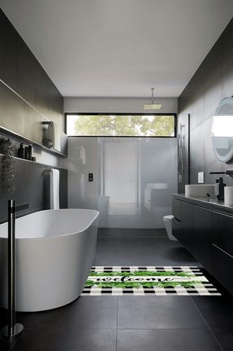 Large Area Rug, Summer Botanical Non-Slip Indoor Accent Area Carpet, Welcome Black White Plaid Green Leaf Fluffy Shaggy Runner Rug for Living Room, Bedroom, Kids Room, 2'7"x 5" in Black Modern Bathroom