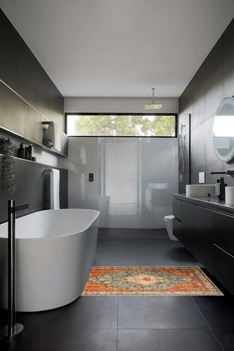 Boho Area Rug, 3' x 5' Machine Washable Rugs for Entryway Faux Wool Large Rugs Distressed Throw Rug Non-Slip Floor Carpet for Indoor Bedroom Kitchen Living Room in Black Modern Bathroom