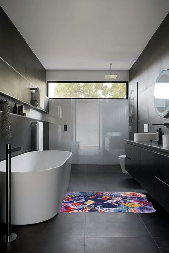 Estmy Boho Vintage Floral Area Rug 3x5 Washable Thin, Aesthetic Cute Bedroom Rugs Colorful Blue Entryway Rug Modern Abstract Tropical Jungle Accent Rug Floor Carpet for Bathroom Kitchen in Black Modern Bathroom