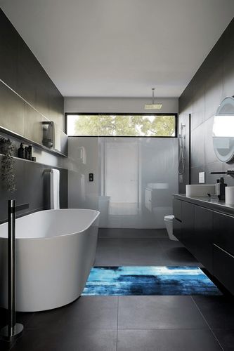 Lahome Modern Washable Living Room Rug - 3x5 Area Rugs for Bedroom Throw Non-Slip Thin Kitchen Rug Blue Abstract Print Office Rug Lightweight Soft Indoor Capet for Entryway Laundry Room Dining Room in Black Modern Bathroom