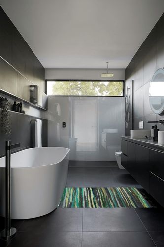 Comfy-co Handcrafted Area Rug Chindi Rug 3x5 ft - Hand-Woven Cotton Area Rag Rug - Reversible Floor Rug for Bedroom Living Room Kitchen Dorm Entryway Hallway - Chindi Area Rug Green Multi in Black Modern Bathroom