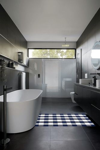 SEEKSEE Cotton Buffalo Plaid Rug 3'x 5' Navy Blue and White Hand Woven Checked Rug Washable Doormats Indoor Outdoor Rugs for Layered Front Door Mats, Porch, Kitchen, Farmhouse, Entryway in Black Modern Bathroom