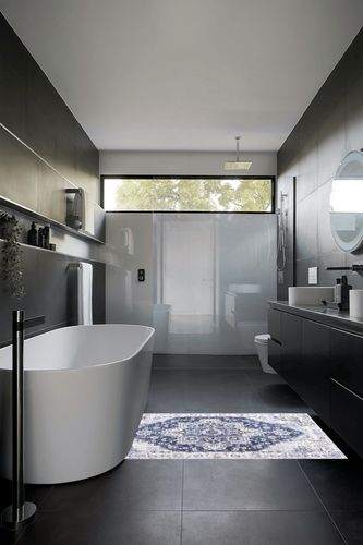 Auemtyn Area Rug,3x5 Washable Rug for Living Room, Rug with Anti-Slip Backing, Vintage Rug for Bedroom,Ultra-Thin Boho Farmhouse Rug for Home Decor(3'x5',Blue) in Black Modern Bathroom