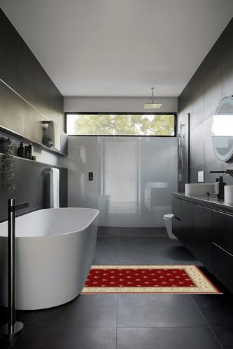Well Woven Apollo Flatwoven Fleur De Lis Red 3'3" x 5' Area Rug in Black Modern Bathroom